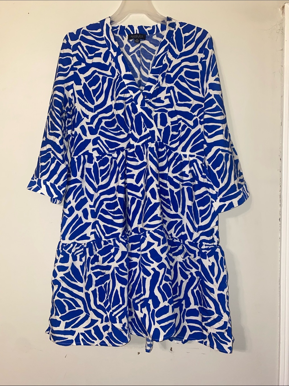 Rachel Zoe Blue and White Printed Tiered V-Neck Mini Dress